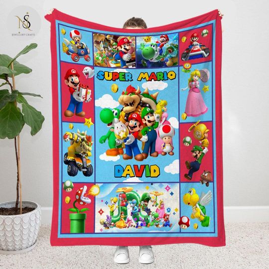 Personalized Super Mario Blanket, Mario Birthday Boy Blanket, Princess Peach Birthday Girl Home Decor, Baby Shower Gift for Kids