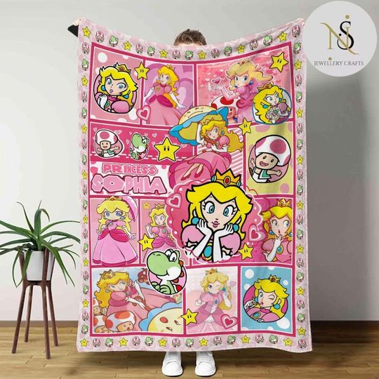 Personalized Super Mario Princess Peach Blanket, Peach Birthday Girl Home Decor, Baby Shower Gift for Kid, Family Baby Girl Princess Blanket