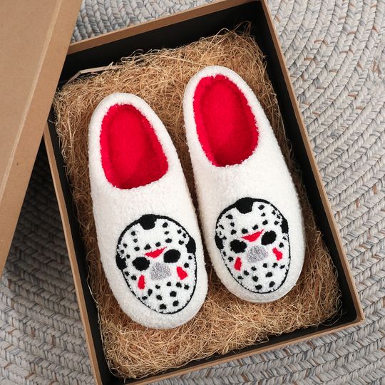 A Pair of White Halloween Horror Mask Pattern Slippers, Halloween Gift, Christmas Gift