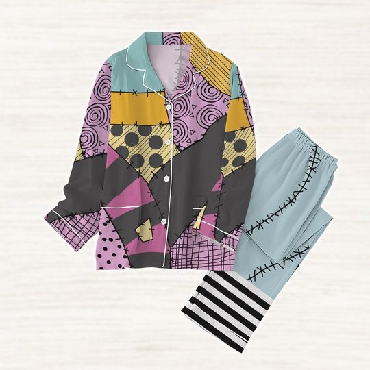 Jack And Sally Pajamas Set, Halloween Patchwork Women Pajamas, Nightmare Before Christmas Sleepwear, Disney Spooky 2025 Long Family Pjs