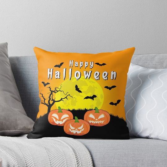Vector Happy Halloween Design with Bats and Orange Background Pillow