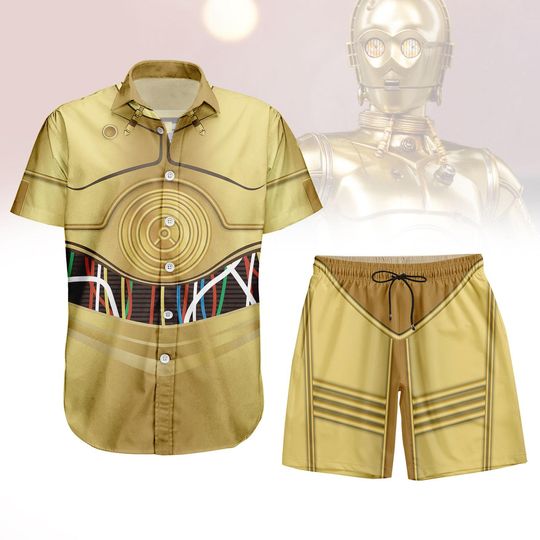 C3PO Costume Button Shirt/Shorts, Star Wars Hawaii Shirt, Costume Shirt, Cosplay Outfit for Men, Vacation Beach Shirt, Halloween Gift