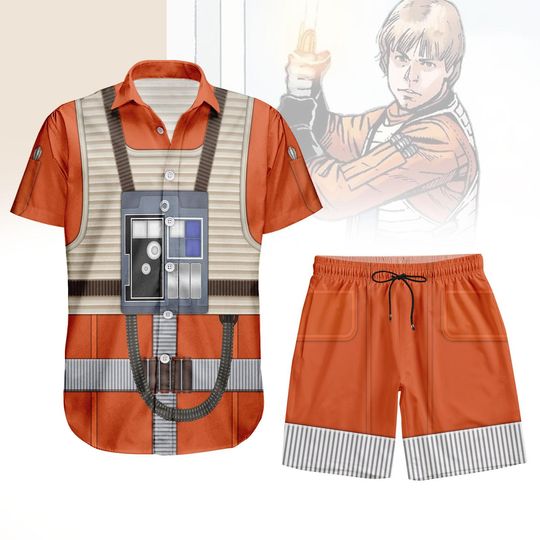 Luke Skywalker Hawaiian Shirt Shorts, Star Wars Button Shirt, X-Wing Pilot Costume Shirt, Cosplay Outfit, Beach Vacation Shirt