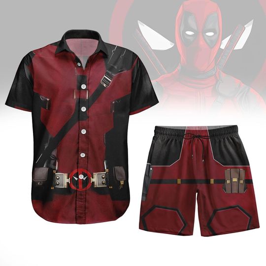 Halloween Deadpool Costume Button Shirt, Deadpool Hawaiian Shirt, Superhero Button Shirt, Halloween Men's Hawaii Shirt, Gift For Him