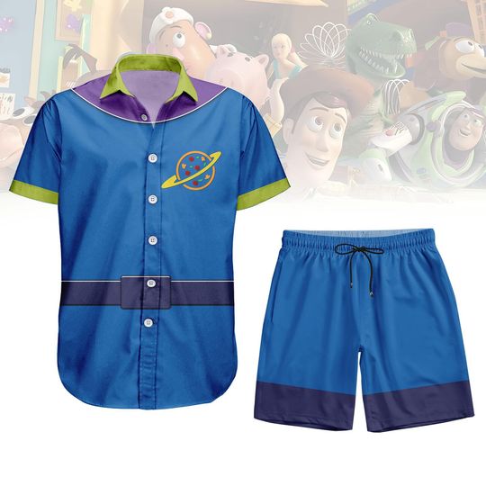 Buzz Lightyear Costume Button Shirt/Shorts, Toy Story Hawaiian Shirt, Space Ranger Matching Shirt, Cartoon Cosplay for Halloween
