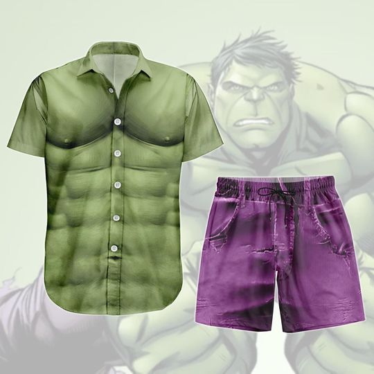 Hulk Button Shirt Shorts, Marvel Cosplay Costume Hawaiian Shirt, Green Muscle Outfit for Men, Comic Character Summer Wear, Gift For Him