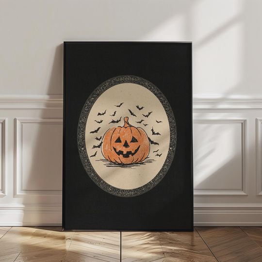 Halloween Pumpkin Print, Vintage Jack O Lantern Artwork, PRINTABLE Gothic Wall Decor, Bat Silhouette Poster, Spooky Fall Decor SC-815