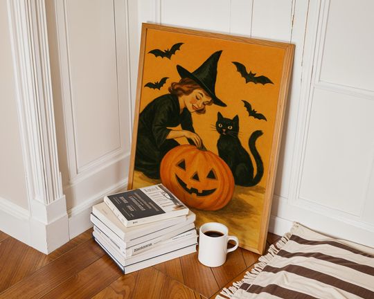 Vintage Halloween Poster, Retro Witch Wall Art | Black Cat & Jack-O'-Lantern Print, Spooky Cute Halloween Decor, 1950s Style Halloween