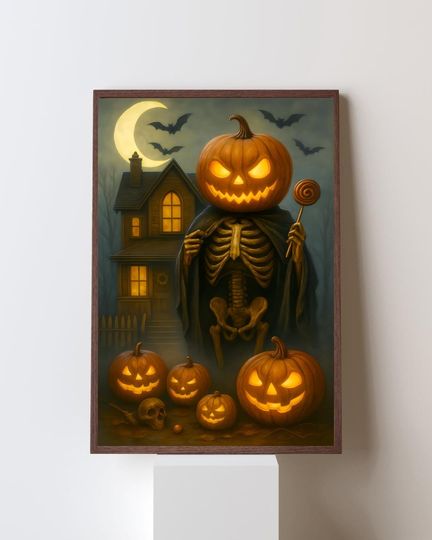 Pumpkin Skeleton Halloween Poster  Haunted House Wall Art  Trick or Treat Jack-o'-Lantern Print  Spooky Gothic Decor