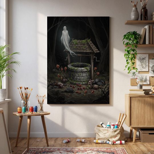 Haunted Well Ghost Canvas Art, Dark Forest Horror Print, Skull Scene Wall Decor, Spooky Grave Poster, Gothic Halloween Artwork Home