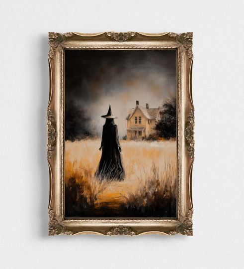Witch in Field Wall Art | Dark Gothic Haunted House Print | Spooky Fall Decor | Witchy Halloween Poster | Mystical  Art | Home Decor