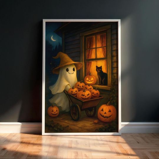 Vintage Halloween Ghost & Black Cat Wall Art  Cute Spooky  Print for Home Decor, Printable Haunted House Poster