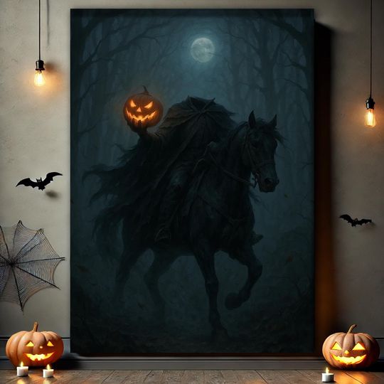Headless Horseman Halloween Poster, Spooky Pumpkin Lantern Design, Gothic Wall Art for Horror Lovers, Halloween decor, Halloween Gift