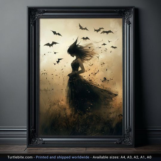 Spooky Decor: Mystical Witch & Bats Gothic Wall Art, Halloween Witch Poster Print, Dark Fantasy Home Decor, Halloween Gifts