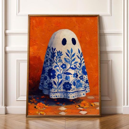 Talavera Ghost  Print | Mexican Folk Art Halloween Decor | Day of the Dead Wall Art | Cute Spooky Fall Printable Poster
