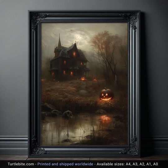 Hauntingly Beautiful - Classic Halloween Pumpkin Poster and Haunted House Art Print for Home Decor, Premium Semi-Glossy Paper Poster