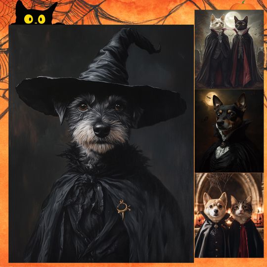 Custom Halloween Pet Portrait, Witch-Themed Pet Art,  Portrait, Canvas Poster, Halloween Decor, Gift for Pet Lovers