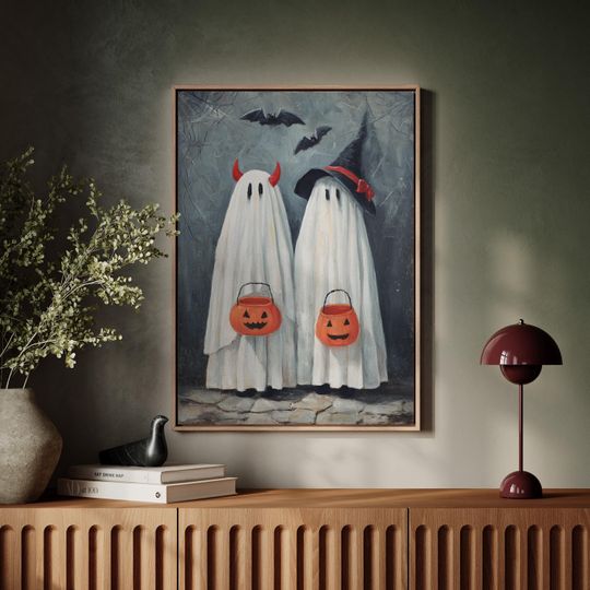 Cute Halloween Ghost Kids with Trick or Treat Buckets  Spooky Pumpkin Canvas Art, Whimsical Witch & Devil Ghosts Wall Decor