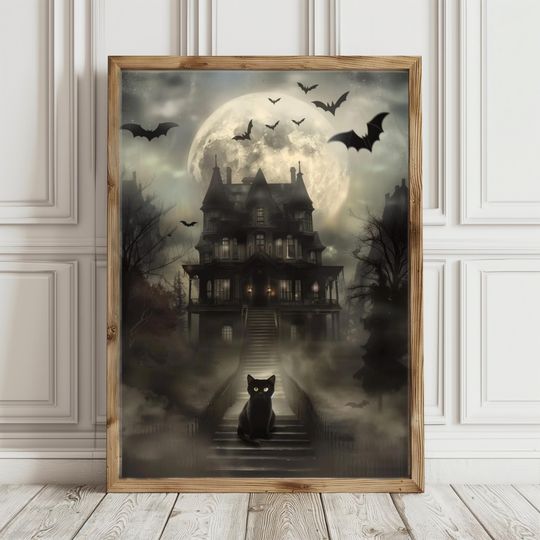 Dark Academia Halloween Poster  Printable Halloween Vintage Wall Art  Haunted House with Black Cat  Gothic Spooky Decor