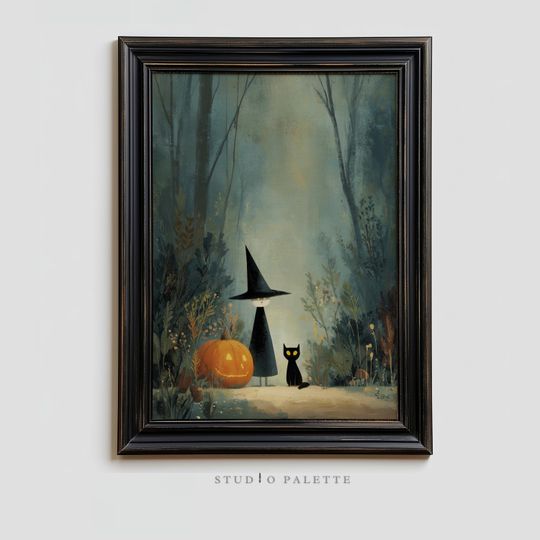 Cute Ghost and Black Cat in Forest Print, Printable Halloween Wall Art, Witchcore Print, Cottagecore Witch Decor, Spooky