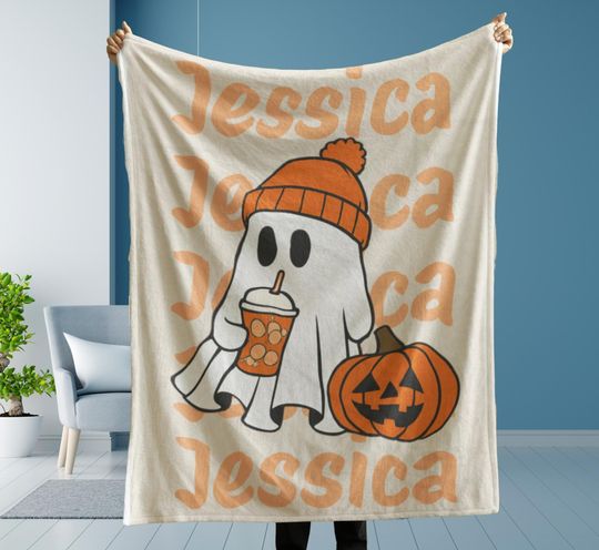Personalized Halloween Ghost Blanket with Name, Fall Orange Ghost  , Cute Jack-O'-Lantern Blanket, Custom Teen Girl Cozy Gift