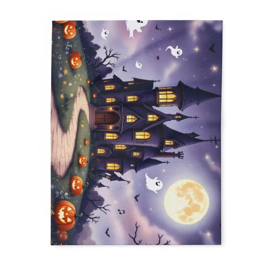 Halloween Cute Ghostly Mansion Fleece Blanket, Cozy  for Fall Decor, Haunted House Blanket, Perfect for Spooky Season