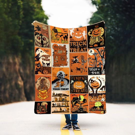 Vintage Pumpkin Spooky Season Halloween Woven  Blanket, Jack-o'-lantern Wall Tapestry, Halloween watching movie blanket, Halloween gift