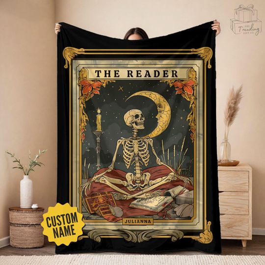 Custom Skeleton Reader Tarot Book Blanket, Reading Nook Decor, Bibliophile Bookish Gift,Book Lover Fleece Sherpa Blanket,Halloween Decor