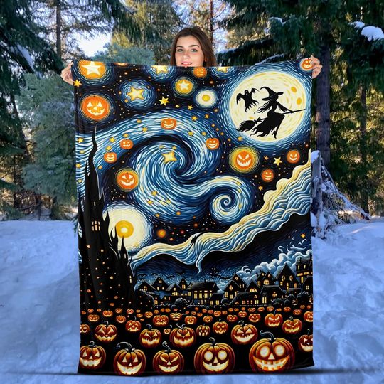Vintage Spooky Season Halloween  Blanket, Vintage Jack-o'-lantern Pumpkin with Witch in Starry Night  Blanket, Halloween Gifts