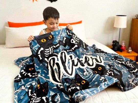 Personalized Spooky Halloween Kids Name Blanket | Black Cat, Skeleton Personalised Bed  , Blanket for Daughter and Son, Customized Gift