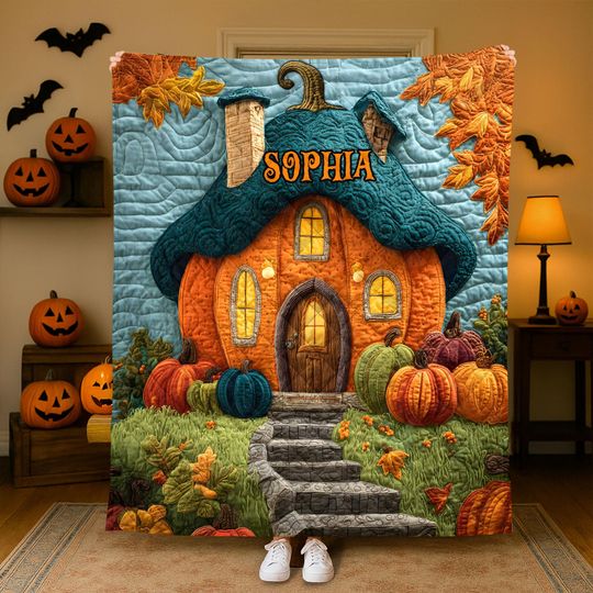 Personalized Pumpkin House Quilt Blanket, Custom Name Fall Halloween  , Cozy Autumn Pumpkin Decor Gift For Home, Pumpkin House Tapestry
