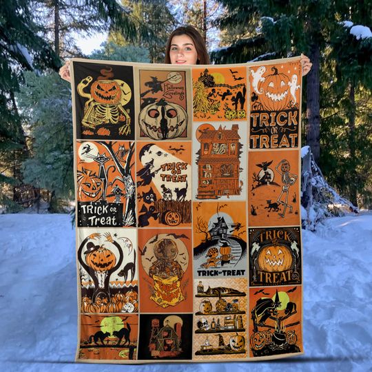 Vintage Spooky Season Halloween Woven  Blanket, Retro Jack-o'-lantern Pumpkin Blanket, Halloween watching movie blanket, Halloween Gift