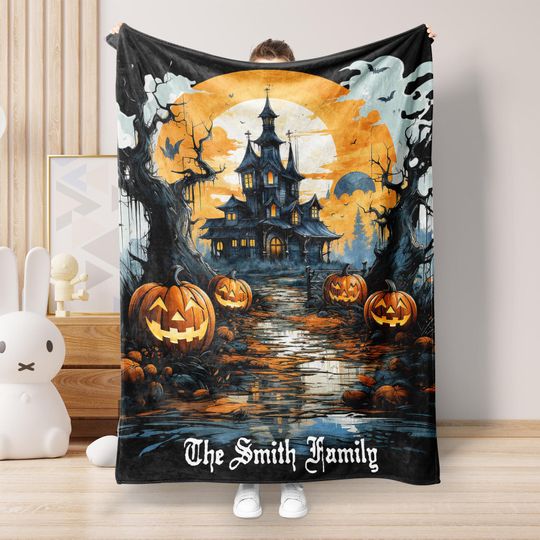 Personalized Haunted House Blanket, Custom Family Name Halloween  , Halloween Home Decor, Halloween Lover Gift, Abandoned House