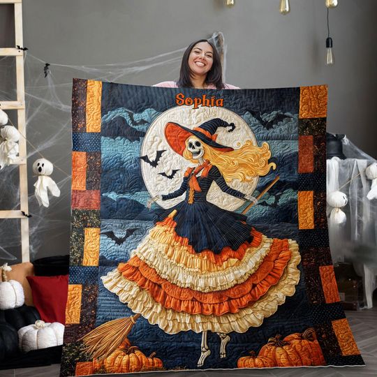 Custom Halloween Skeleton Witch Quilt Blanket, Spooky Pumpkin Bat Full Moon  , Gothic Witchy Fall Decor, Skeleton Creepy Cozy Gift