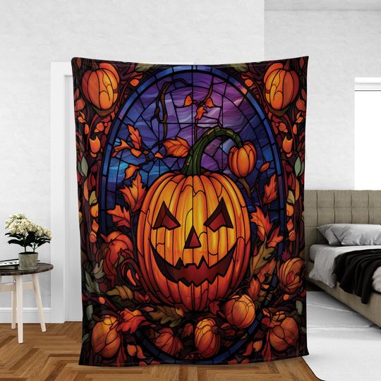 Vintage Halloween Night  Blanket, Retro Pumpkin Jack-o'-lantern Autumn Fall Woven Wall Tapestry, Halloween watching movie blanket