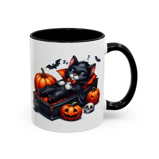 Halloween vampire Cat Accent Coffee Mug, Spooky cup Pumpkin coffin