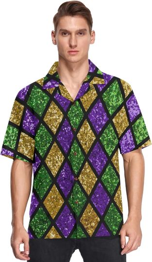 Fisyme Mardi Gras Hawaiian Shirt for Men Loose-Fit Short Sleeve Button Down Beach Casual Shirts