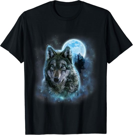 Grey Wolf Hunting Ground Icy Moon Forest Galaxy T-Shirt