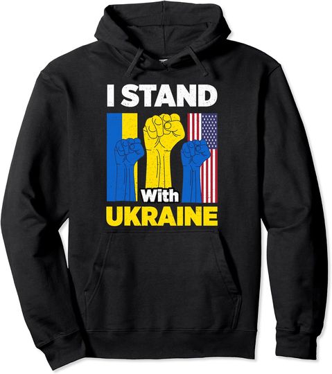 I Stand With Ukraine Support Ukrainian American USA Flag Pullover Hoodie