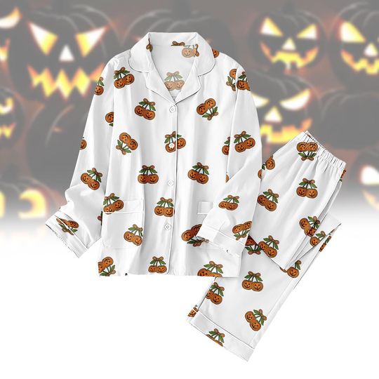Pumpkin Season Pajama Set for Women, Halloween Fall Loungewear, Jack-o-Lantern Sleepwear