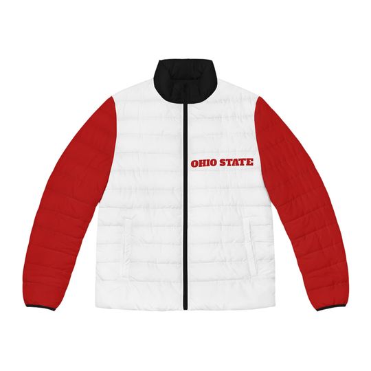 Red and White Men's Puffer Jacket - Cozy Sports Outerwear, Winter Gear, College Apparel, Game Day Fashion, Ohio State Themed, Gift