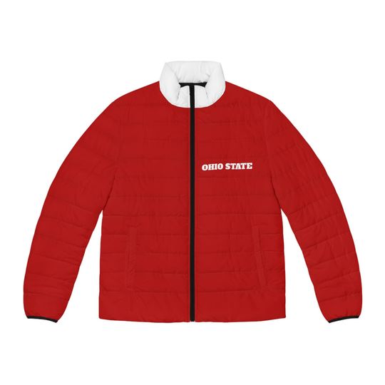 Red and White Men's Puffer Jacket, Cozy, Sporty, College Apparel, Ohio State Themed Coat, Tailgating, Gifts, Alumni Gift,