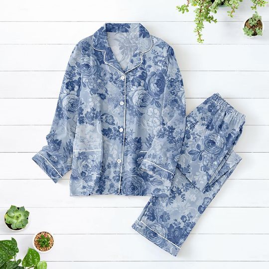 Retro Blue Floral Pajama Set for Women, Vintage Rose Sleepwear, Botanical Cottagecore Lounge Set