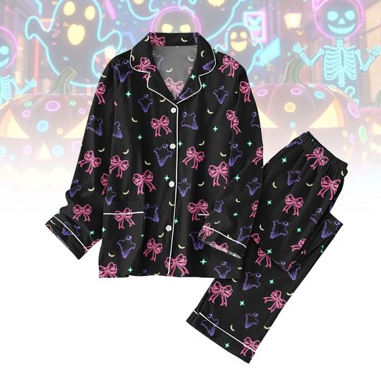 Cute Ghost Halloween Satin Pajama Set with Pink Bow, Long Sleeve Sleepwear, Spooky Kawaii Lounge Set, Family Matching Holiday PJs