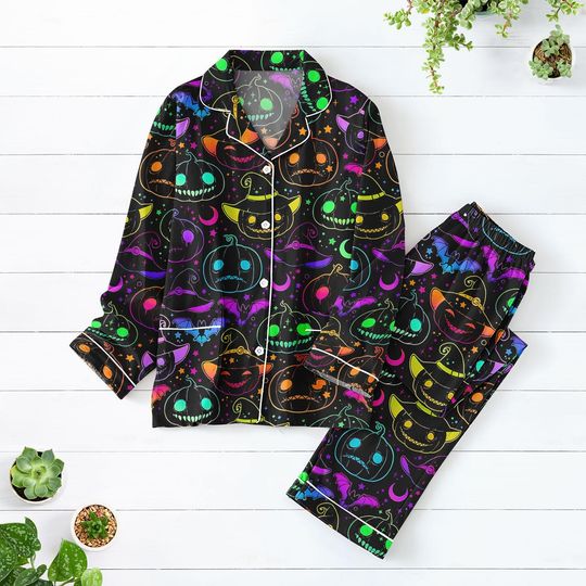 Pumpkin Neon Halloween Pajama Set for Women, Purple Witchy Sleepwear, Spooky Holiday Pajamas, Black Goth Loungewear
