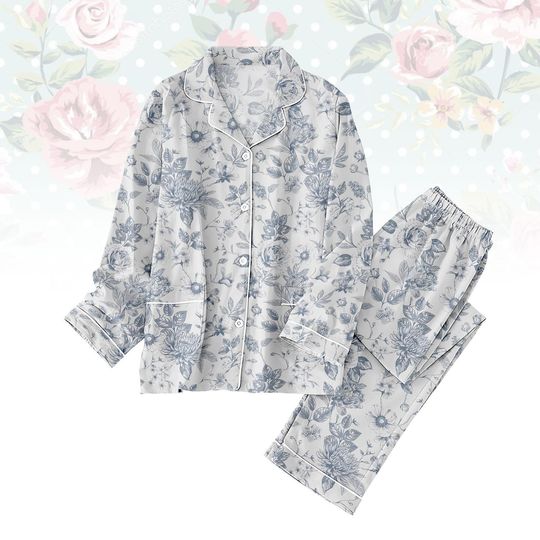 Retro Blue Floral Pajama Set for Women, Botanical Sleepwear & Loungewear, Garden Flower Nightwear