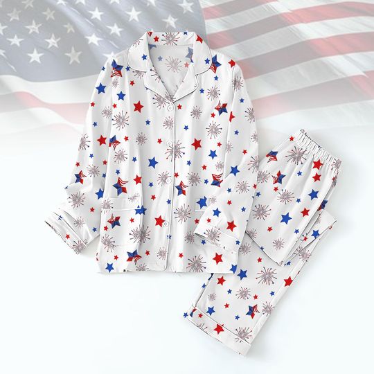 USA Firework Pajamas Set for Women, 4th of July Sleepwear, Red White Blue Matching Family Pajamas