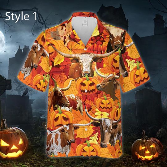 Halloween Cow Hawaiian Shirt with Pumpkin Print and Fall Leaves for Men and Women