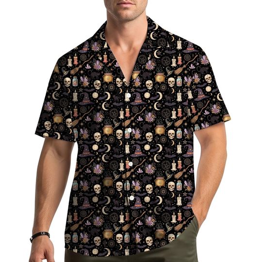 Halloween Witchcraft Hawaiian Shirt Men Women Youth with Skull Cauldron Potion Print