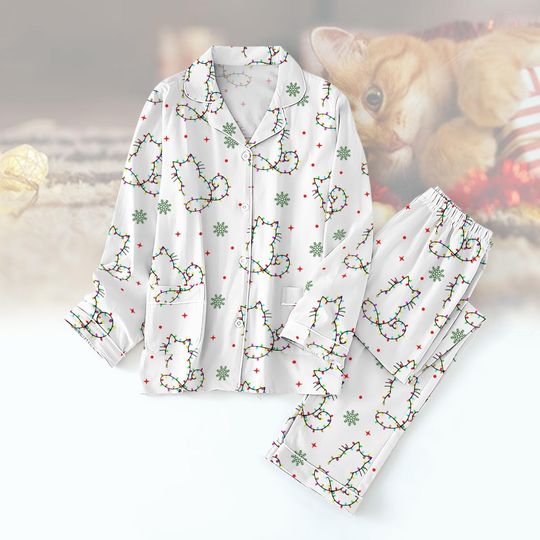 Cat Christmas Light Pajamas Set, Women’s Holiday PJs, Long Sleeve Cat Lover Sleepwear